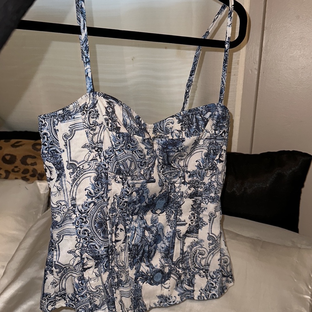 PrettyLittleThing PLT Blue Renaissance Print Structured Corset Top Size 4 S/M